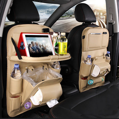 Car Storage PU Leather Bag Multifunction Seat Back Tray Hanging Bag Waterproof Car Organizer Automotive Interior Accessories